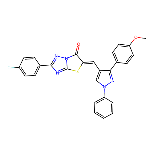 (5Z)-2-(4-fluorophenyl)-5-{[3-(4-methoxyphenyl)-1-phenyl-1H-pyrazol-4-yl]methylidene}[1,3]thiazolo[3,2-b][1,2,4]triazol-6(5H)-one structure