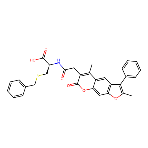 (R)-3-(benzylthio)-2-(2-(2,5-dimethyl-7-oxo-3-phenyl-7H-furo[3,2-g]chromen-6-yl)acetamido)propanoic acid structure