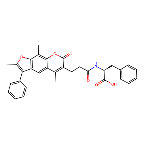 (S)-3-phenyl-2-(3-(2,5,9-trimethyl-7-oxo-3-phenyl-7H-furo[3,2-g]chromen-6-yl)propanamido)propanoic acid structure