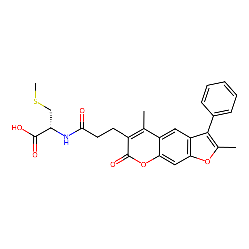 (R)-2-(3-(2,5-dimethyl-7-oxo-3-phenyl-7H-furo[3,2-g]chromen-6-yl)propanamido)-3-(methylthio)propanoic acid structure