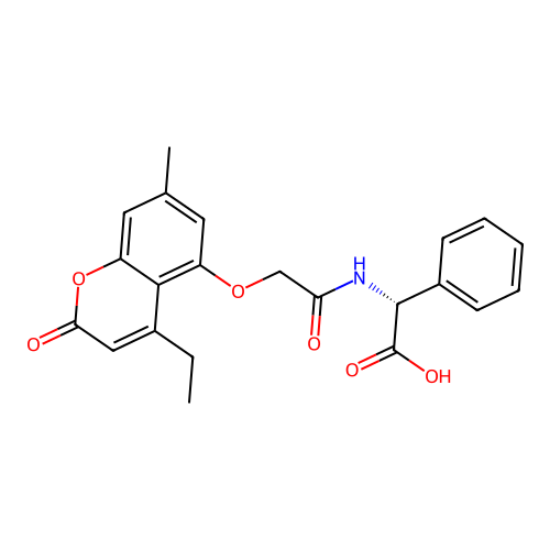 (R)-2-(2-((4-ethyl-7-methyl-2-oxo-2H-chromen-5-yl)oxy)acetamido)-2-phenylacetic acid structure