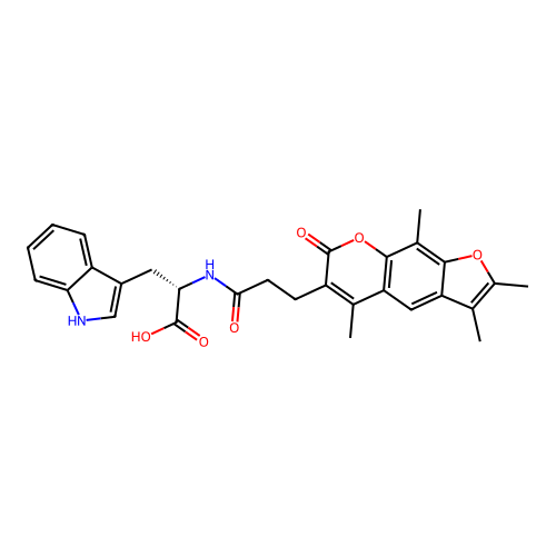 (S)-3-(1H-indol-3-yl)-2-(3-(2,3,5,9-tetramethyl-7-oxo-7H-furo[3,2-g]chromen-6-yl)propanamido)propanoic acid structure