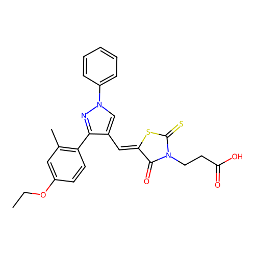 3-[(5Z)-5-{[3-(4-ethoxy-2-methylphenyl)-1-phenyl-1H-pyrazol-4-yl]methylidene}-4-oxo-2-thioxo-1,3-thiazolidin-3-yl]propanoic acid structure