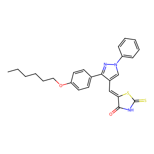(5Z)-5-({3-[4-(hexyloxy)phenyl]-1-phenyl-1H-pyrazol-4-yl}methylidene)-2-thioxo-1,3-thiazolidin-4-one structure