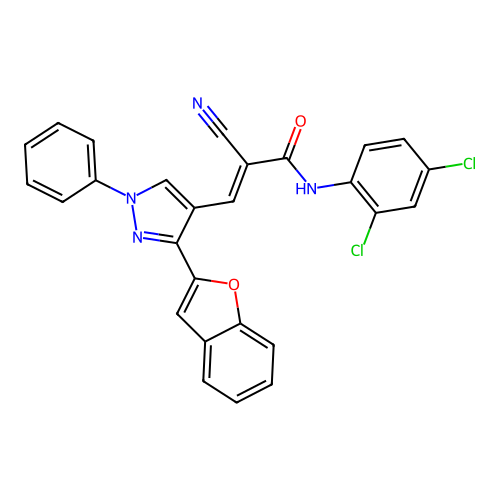 3-[3-(1-benzofuran-2-yl)-1-phenyl-1H-pyrazol-4-yl]-2-cyano-N-(2,4-dichlorophenyl)prop-2-enamide structure