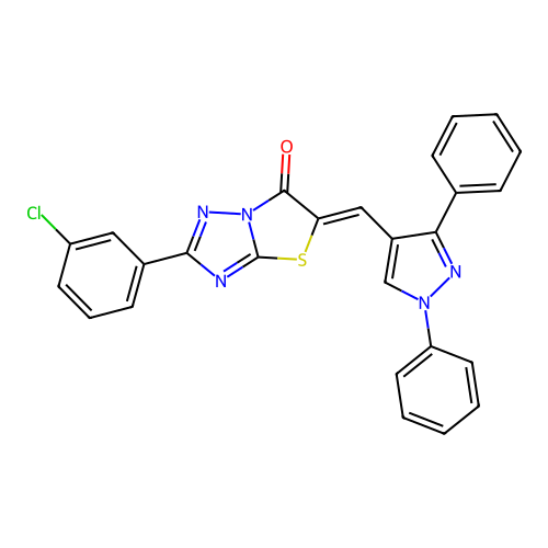 (5Z)-2-(3-chlorophenyl)-5-[(1,3-diphenyl-1H-pyrazol-4-yl)methylidene][1,3]thiazolo[3,2-b][1,2,4]triazol-6(5H)-one structure