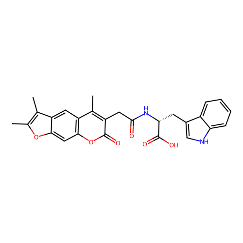 (R)-3-(1H-indol-3-yl)-2-(2-(2,3,5-trimethyl-7-oxo-7H-furo[3,2-g]chromen-6-yl)acetamido)propanoic acid structure