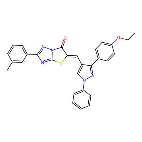 (5Z)-5-{[3-(4-ethoxyphenyl)-1-phenyl-1H-pyrazol-4-yl]methylidene}-2-(3-methylphenyl)[1,3]thiazolo[3,2-b][1,2,4]triazol-6(5H)-one structure