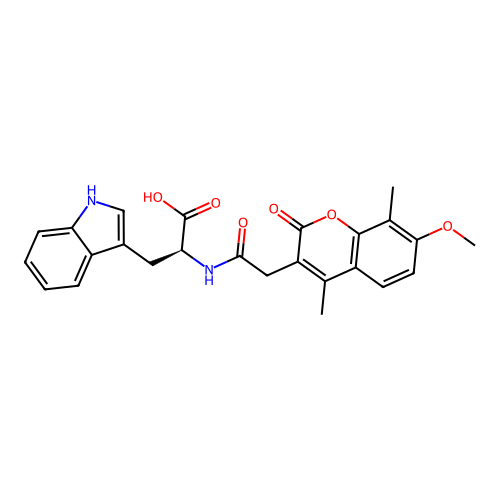 (S)-3-(1H-indol-3-yl)-2-(2-(7-methoxy-4,8-dimethyl-2-oxo-2H-chromen-3-yl)acetamido)propanoic acid structure
