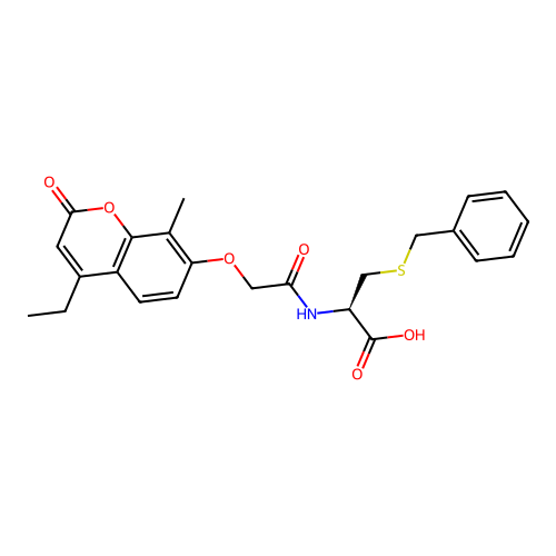 (R)-3-(benzylthio)-2-(2-((4-ethyl-8-methyl-2-oxo-2H-chromen-7-yl)oxy)acetamido)propanoic acid structure