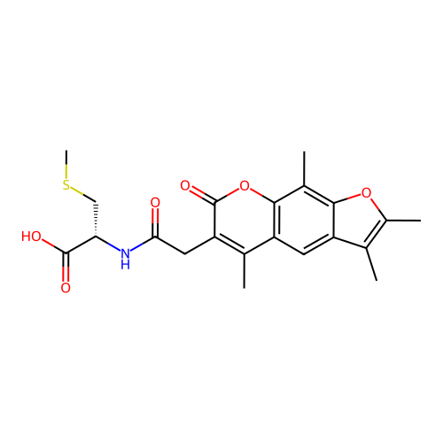 S-methyl-N-[(2,3,5,9-tetramethyl-7-oxo-7H-furo[3,2-g]chromen-6-yl)acetyl]-L-cysteine structure