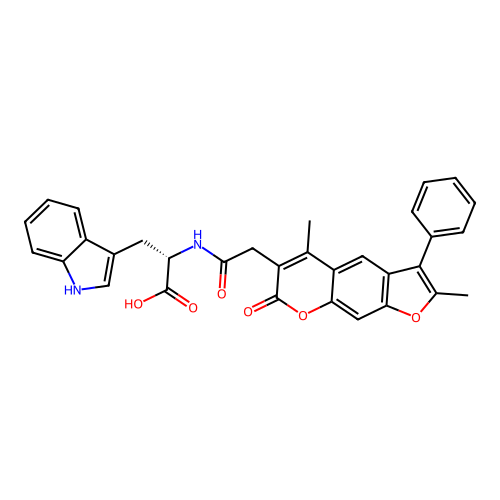 (S)-2-(2-(2,5-dimethyl-7-oxo-3-phenyl-7H-furo[3,2-g]chromen-6-yl)acetamido)-3-(1H-indol-3-yl)propanoic acid structure