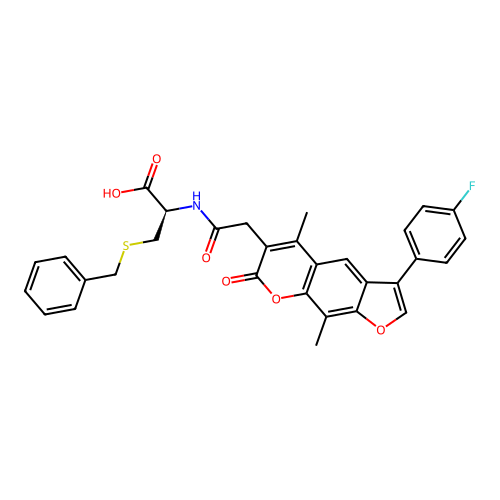 (2R)-3-benzylsulfanyl-2-[[2-[3-(4-fluorophenyl)-5,9-dimethyl-7-oxofuro[3,2-g]chromen-6-yl]acetyl]amino]propanoic acid structure
