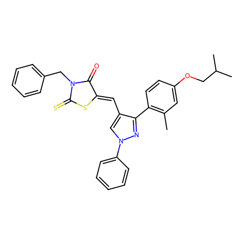 (5Z)-3-benzyl-5-({3-[2-methyl-4-(2-methylpropoxy)phenyl]-1-phenyl-1H-pyrazol-4-yl}methylidene)-2-thioxo-1,3-thiazolidin-4-one structure