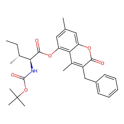 (2S,3R)-3-benzyl-4,7-dimethyl-2-oxo-2H-chromen-5-yl 2-((tert-butoxycarbonyl)amino)-3-methylpentanoate structure