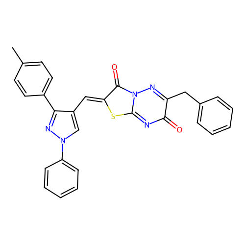 (2Z)-6-benzyl-2-{[3-(4-methylphenyl)-1-phenyl-1H-pyrazol-4-yl]methylene}-7H-[1,3]thiazolo[3,2-b][1,2,4]triazine-3,7(2H)-dione structure