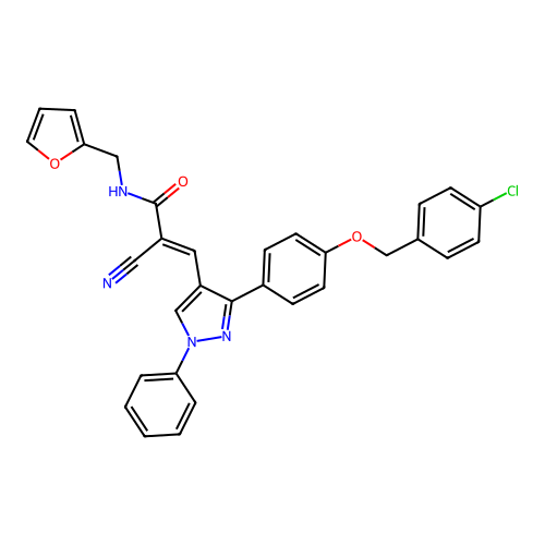 (2E)-3-(3-{4-[(4-chlorobenzyl)oxy]phenyl}-1-phenyl-1H-pyrazol-4-yl)-2-cyano-N-(furan-2-ylmethyl)prop-2-enamide structure