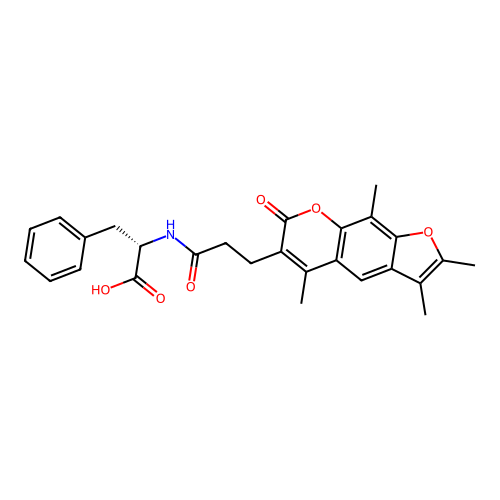 (S)-3-phenyl-2-(3-(2,3,5,9-tetramethyl-7-oxo-7H-furo[3,2-g]chromen-6-yl)propanamido)propanoic acid structure