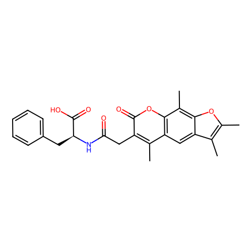 (S)-3-phenyl-2-(2-(2,3,5,9-tetramethyl-7-oxo-7H-furo[3,2-g]chromen-6-yl)acetamido)propanoic acid structure