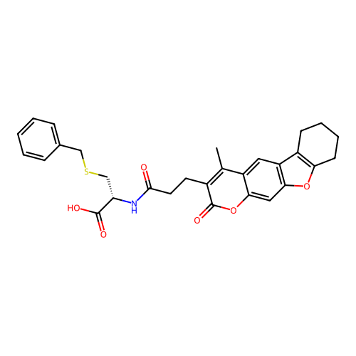 (R)-3-(benzylthio)-2-(3-(4-methyl-2-oxo-6,7,8,9-tetrahydro-2H-benzofuro[3,2-g]chromen-3-yl)propanamido)propanoic acid structure