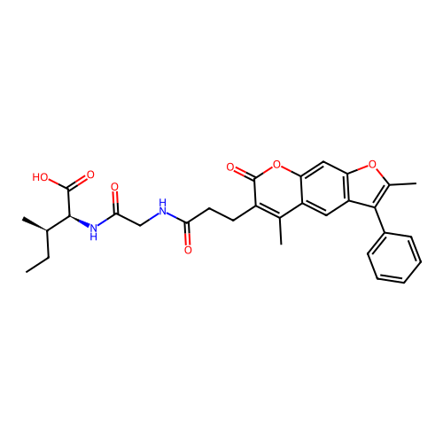 (2S,3R)-2-(2-(3-(2,5-dimethyl-7-oxo-3-phenyl-7H-furo[3,2-g]chromen-6-yl)propanamido)acetamido)-3-methylpentanoic acid structure