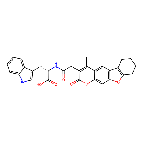 (S)-3-(1H-indol-3-yl)-2-(2-(4-methyl-2-oxo-6,7,8,9-tetrahydro-2H-benzofuro[3,2-g]chromen-3-yl)acetamido)propanoic acid structure