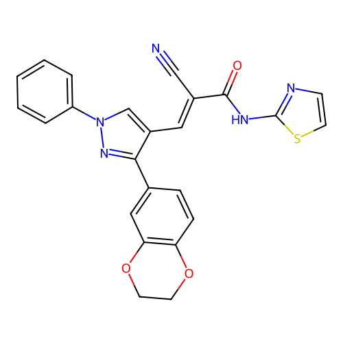 (E)-2-cyano-3-[3-(2,3-dihydro-1,4-benzodioxin-6-yl)-1-phenylpyrazol-4-yl]-N-(1,3-thiazol-2-yl)prop-2-enamide structure