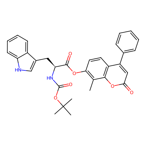 (S)-8-methyl-2-oxo-4-phenyl-2H-chromen-7-yl 2-((tert-butoxycarbonyl)amino)-3-(1H-indol-3-yl)propanoate structure
