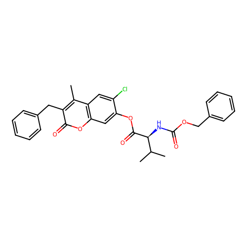(S)-3-benzyl-6-chloro-4-methyl-2-oxo-2H-chromen-7-yl 2-(((benzyloxy)carbonyl)amino)-3-methylbutanoate structure