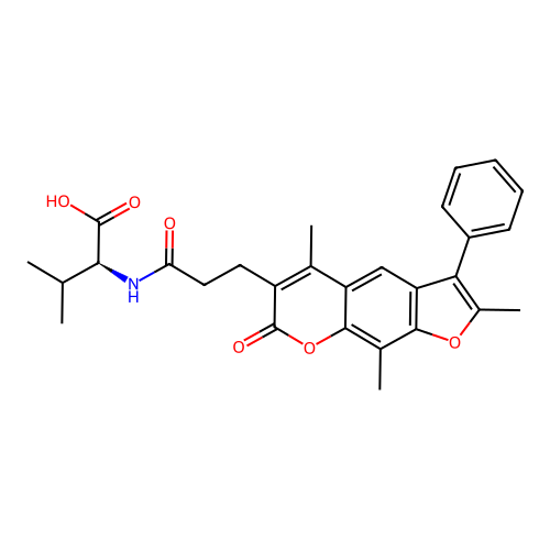 (S)-3-methyl-2-(3-(2,5,9-trimethyl-7-oxo-3-phenyl-7H-furo[3,2-g]chromen-6-yl)propanamido)butanoic acid structure