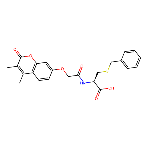 (R)-3-(benzylthio)-2-(2-((3,4-dimethyl-2-oxo-2H-chromen-7-yl)oxy)acetamido)propanoic acid structure
