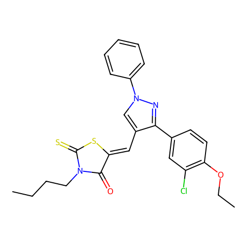 (5Z)-3-butyl-5-{[3-(3-chloro-4-ethoxyphenyl)-1-phenyl-1H-pyrazol-4-yl]methylidene}-2-thioxo-1,3-thiazolidin-4-one structure