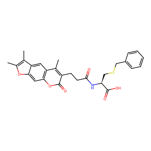 (R)-3-(benzylthio)-2-(3-(2,3,5-trimethyl-7-oxo-7H-furo[3,2-g]chromen-6-yl)propanamido)propanoic acid structure