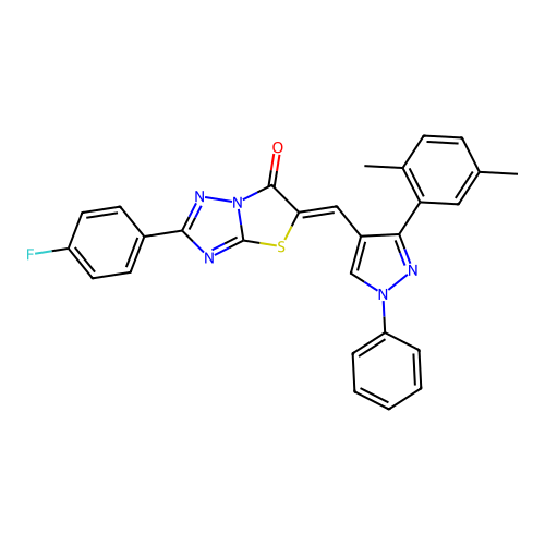 (5Z)-5-{[3-(2,5-dimethylphenyl)-1-phenyl-1H-pyrazol-4-yl]methylidene}-2-(4-fluorophenyl)[1,3]thiazolo[3,2-b][1,2,4]triazol-6(5H)-one structure