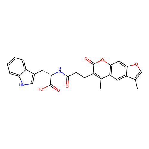 (S)-2-(3-(3,5-dimethyl-7-oxo-7H-furo[3,2-g]chromen-6-yl)propanamido)-3-(1H-indol-3-yl)propanoic acid structure