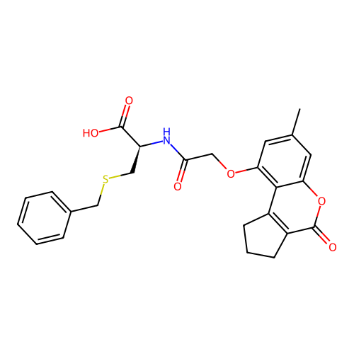 (R)-3-(benzylthio)-2-(2-((7-methyl-4-oxo-1,2,3,4-tetrahydrocyclopenta[c]chromen-9-yl)oxy)acetamido)propanoic acid structure