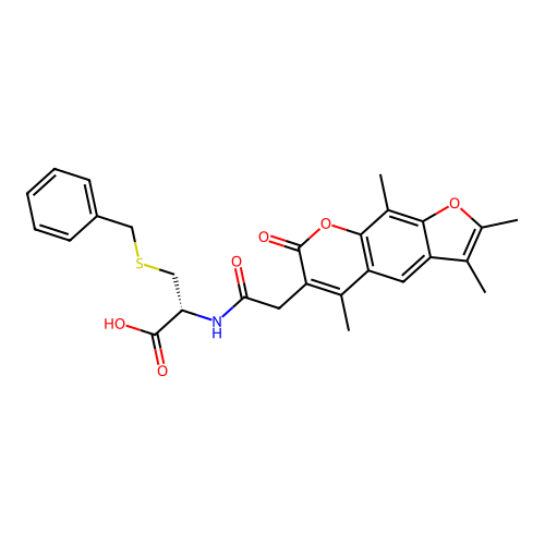 (R)-3-(benzylthio)-2-(2-(2,3,5,9-tetramethyl-7-oxo-7H-furo[3,2-g]chromen-6-yl)acetamido)propanoic acid structure