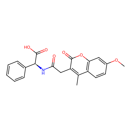 (S)-2-(2-(7-methoxy-4-methyl-2-oxo-2H-chromen-3-yl)acetamido)-2-phenylacetic acid structure
