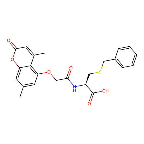 (R)-3-(benzylthio)-2-(2-((4,7-dimethyl-2-oxo-2H-chromen-5-yl)oxy)acetamido)propanoic acid structure