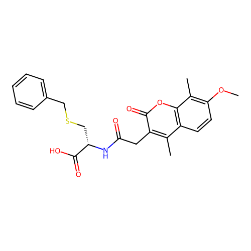 (R)-3-(benzylthio)-2-(2-(7-methoxy-4,8-dimethyl-2-oxo-2H-chromen-3-yl)acetamido)propanoic acid structure
