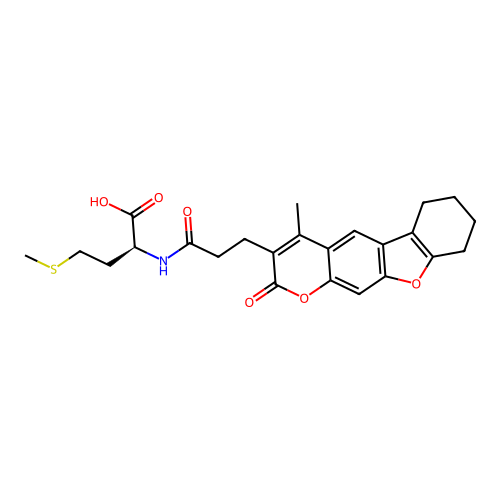 (S)-2-(3-(4-methyl-2-oxo-6,7,8,9-tetrahydro-2H-benzofuro[3,2-g]chromen-3-yl)propanamido)-4-(methylthio)butanoic acid structure