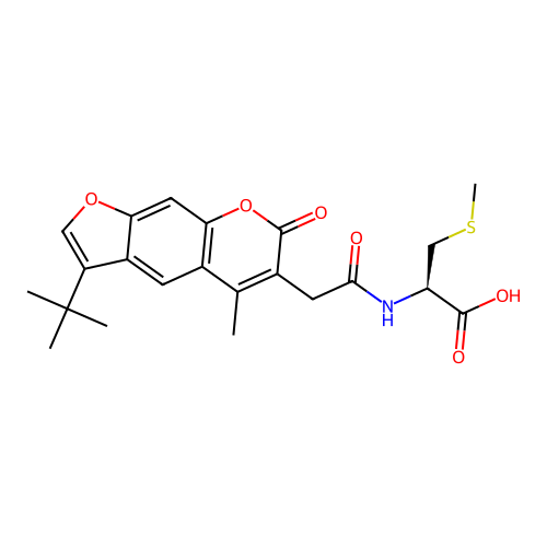(R)-2-(2-(3-(tert-butyl)-5-methyl-7-oxo-7H-furo[3,2-g]chromen-6-yl)acetamido)-3-(methylthio)propanoic acid structure