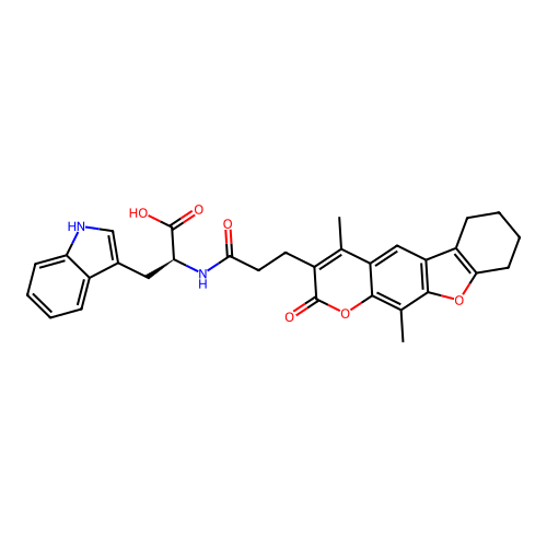 (S)-2-(3-(4,11-dimethyl-2-oxo-6,7,8,9-tetrahydro-2H-benzofuro[3,2-g]chromen-3-yl)propanamido)-3-(1H-indol-3-yl)propanoic acid structure
