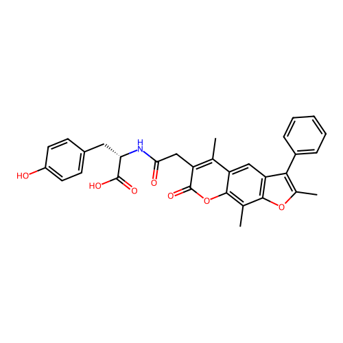 (S)-3-(4-hydroxyphenyl)-2-(2-(2,5,9-trimethyl-7-oxo-3-phenyl-7H-furo[3,2-g]chromen-6-yl)acetamido)propanoic acid structure