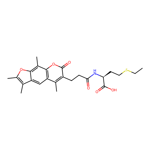 (S)-4-(ethylthio)-2-(3-(2,3,5,9-tetramethyl-7-oxo-7H-furo[3,2-g]chromen-6-yl)propanamido)butanoic acid structure