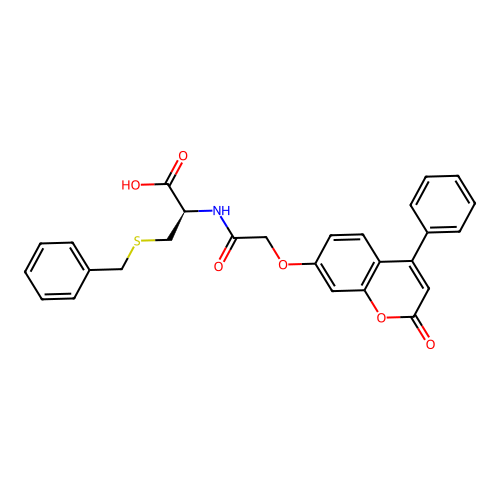(R)-3-(benzylthio)-2-(2-((2-oxo-4-phenyl-2H-chromen-7-yl)oxy)acetamido)propanoic acid structure