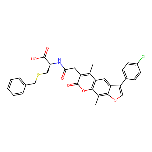 (2R)-3-benzylsulfanyl-2-[[2-[3-(4-chlorophenyl)-5,9-dimethyl-7-oxofuro[3,2-g]chromen-6-yl]acetyl]amino]propanoic acid structure