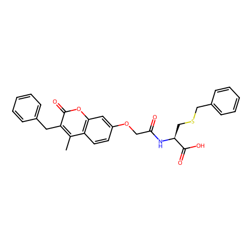 (R)-2-(2-((3-benzyl-4-methyl-2-oxo-2H-chromen-7-yl)oxy)acetamido)-3-(benzylthio)propanoic acid structure