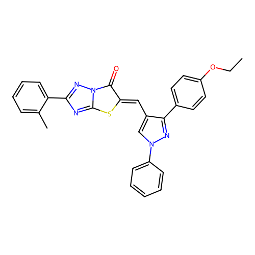 (5Z)-5-{[3-(4-ethoxyphenyl)-1-phenyl-1H-pyrazol-4-yl]methylidene}-2-(2-methylphenyl)[1,3]thiazolo[3,2-b][1,2,4]triazol-6(5H)-one structure