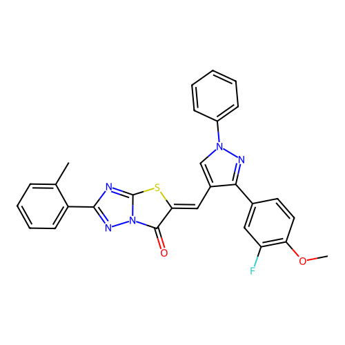 (5Z)-5-{[3-(3-fluoro-4-methoxyphenyl)-1-phenyl-1H-pyrazol-4-yl]methylidene}-2-(2-methylphenyl)[1,3]thiazolo[3,2-b][1,2,4]triazol-6(5H)-one structure